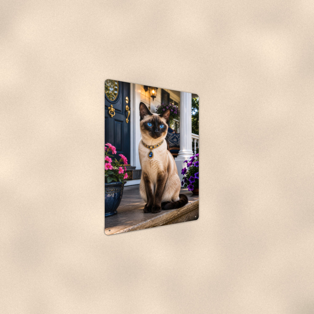 Siamese on the Front Porch aluminum metal sign 8" x 12" - angled wall view from a wider angle
