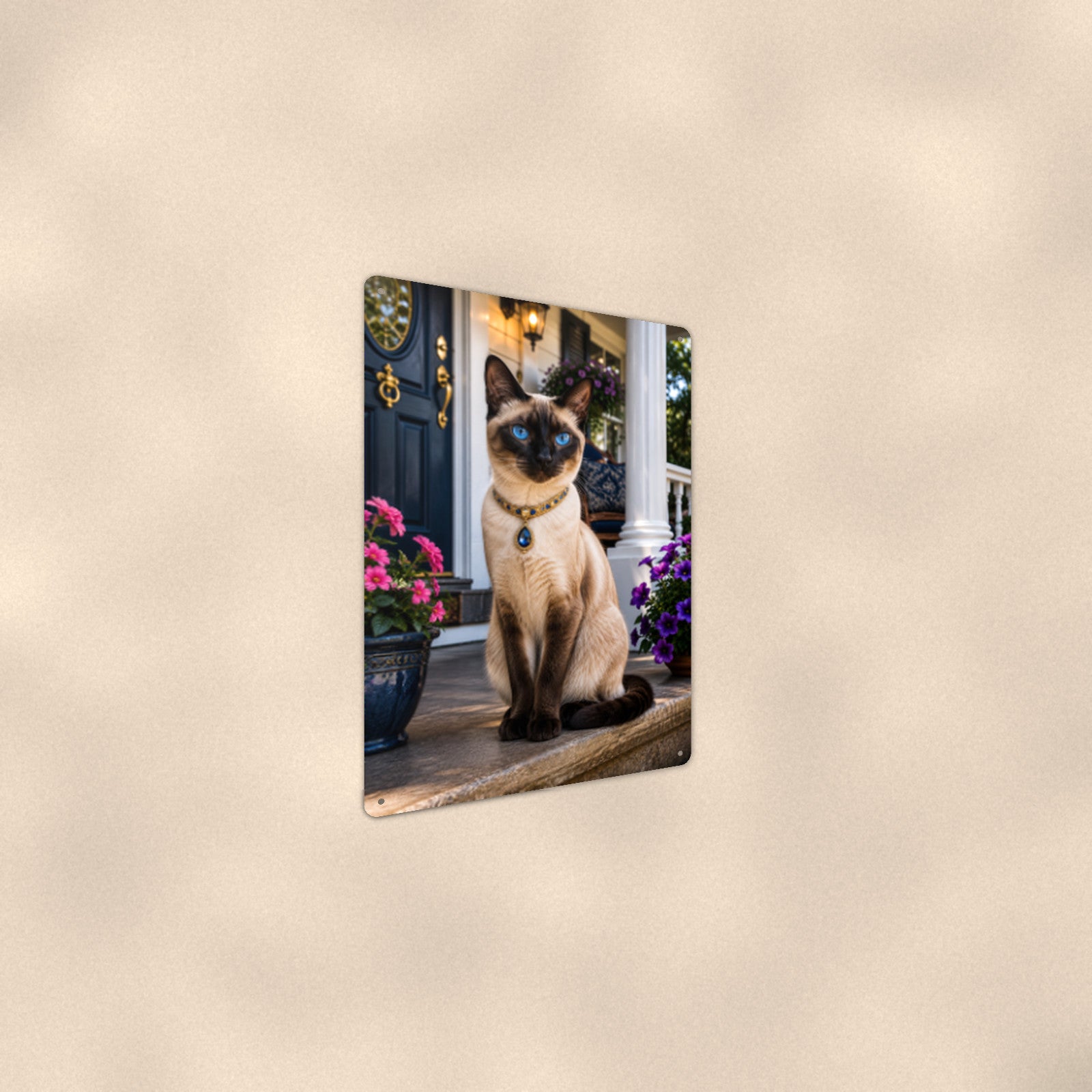 Siamese on the Front Porch aluminum metal sign 8" x 12" - angled wall view from a wider angle