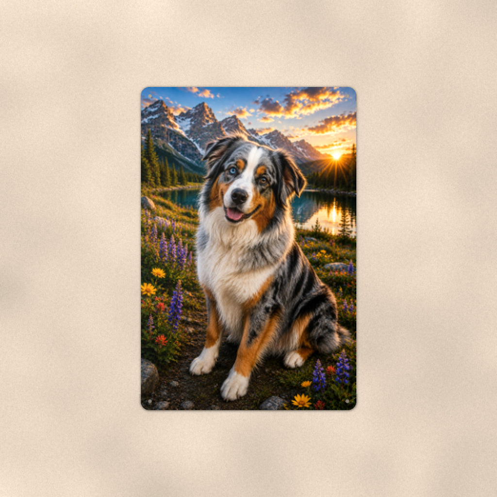 Australian Shepherd Mountain Lake aluminum metal sign 8" x 12" - front view on warm wall