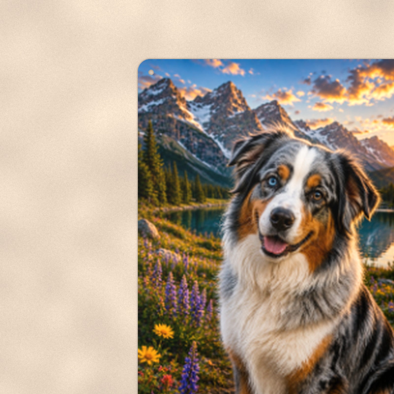 Australian Shepherd Mountain Lake aluminum metal sign 8" x 12" - close-up view of the printed artwork