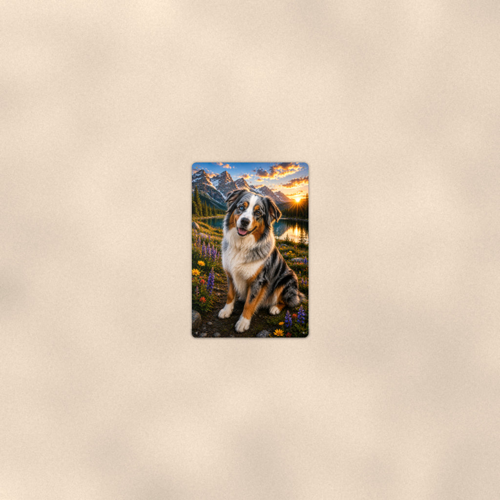 Australian Shepherd Mountain Lake aluminum metal sign 8" x 12" - room view on warm wall