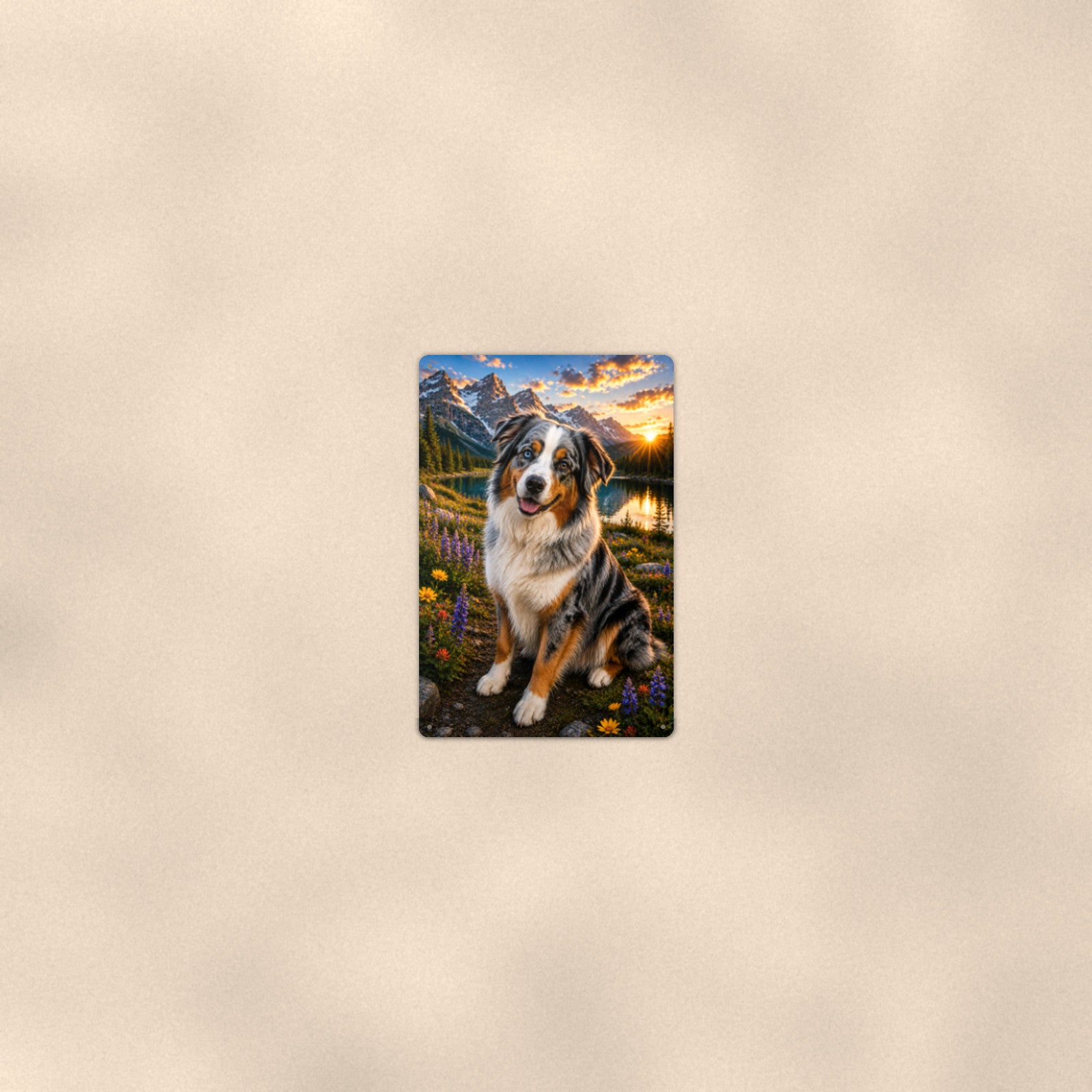 Australian Shepherd Mountain Lake aluminum metal sign 8" x 12" - room view on warm wall