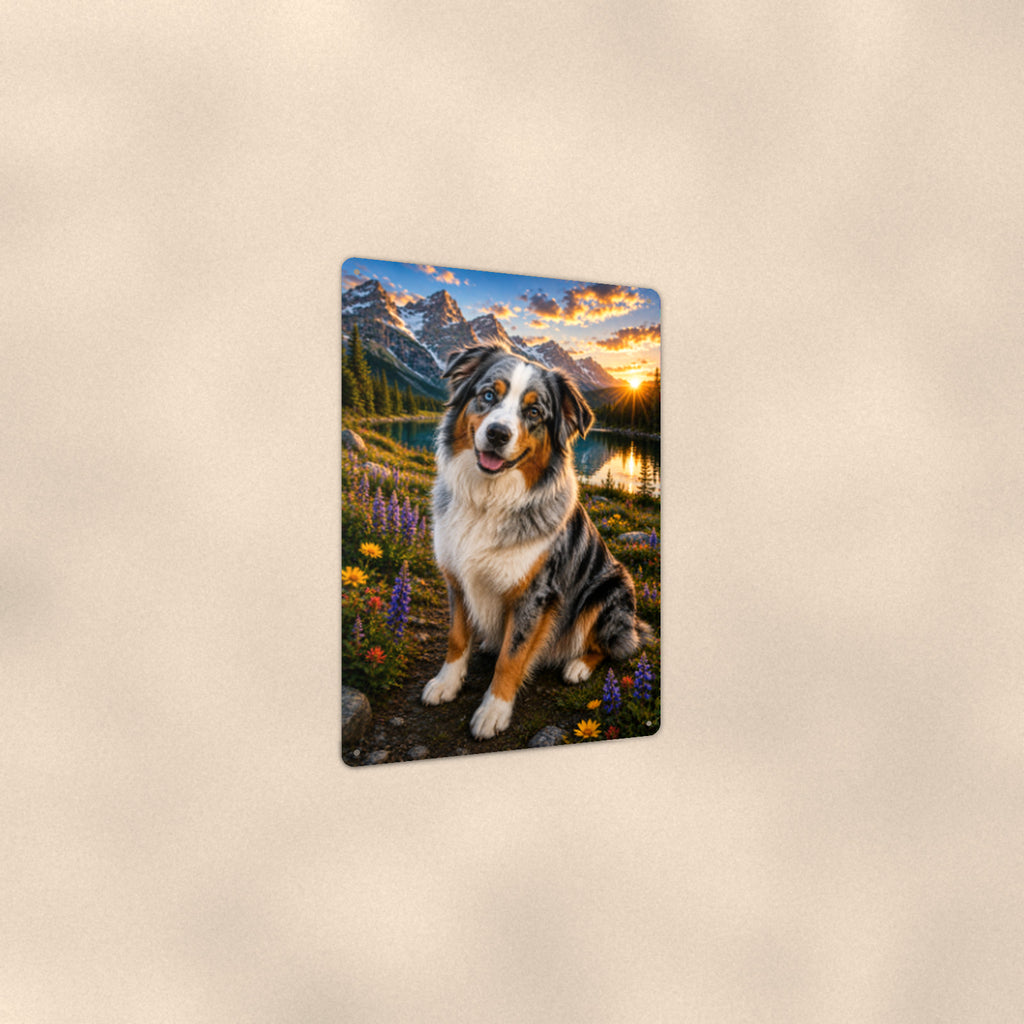 Australian Shepherd Mountain Lake aluminum metal sign 8" x 12" - angled view showing glossy finish