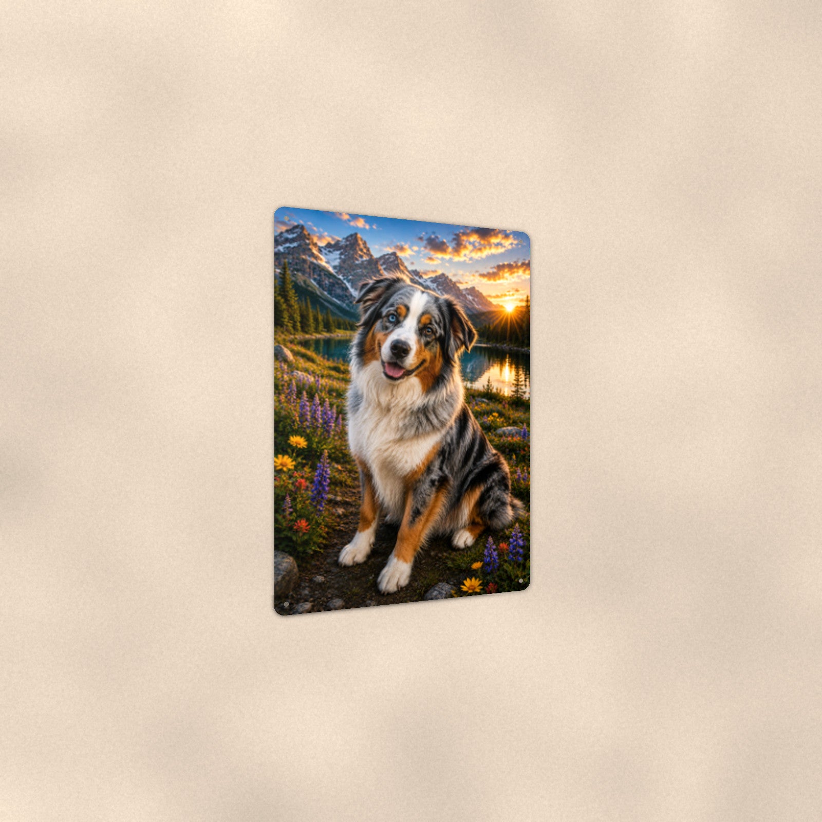 Australian Shepherd Mountain Lake aluminum metal sign 8" x 12" - angled view showing glossy finish