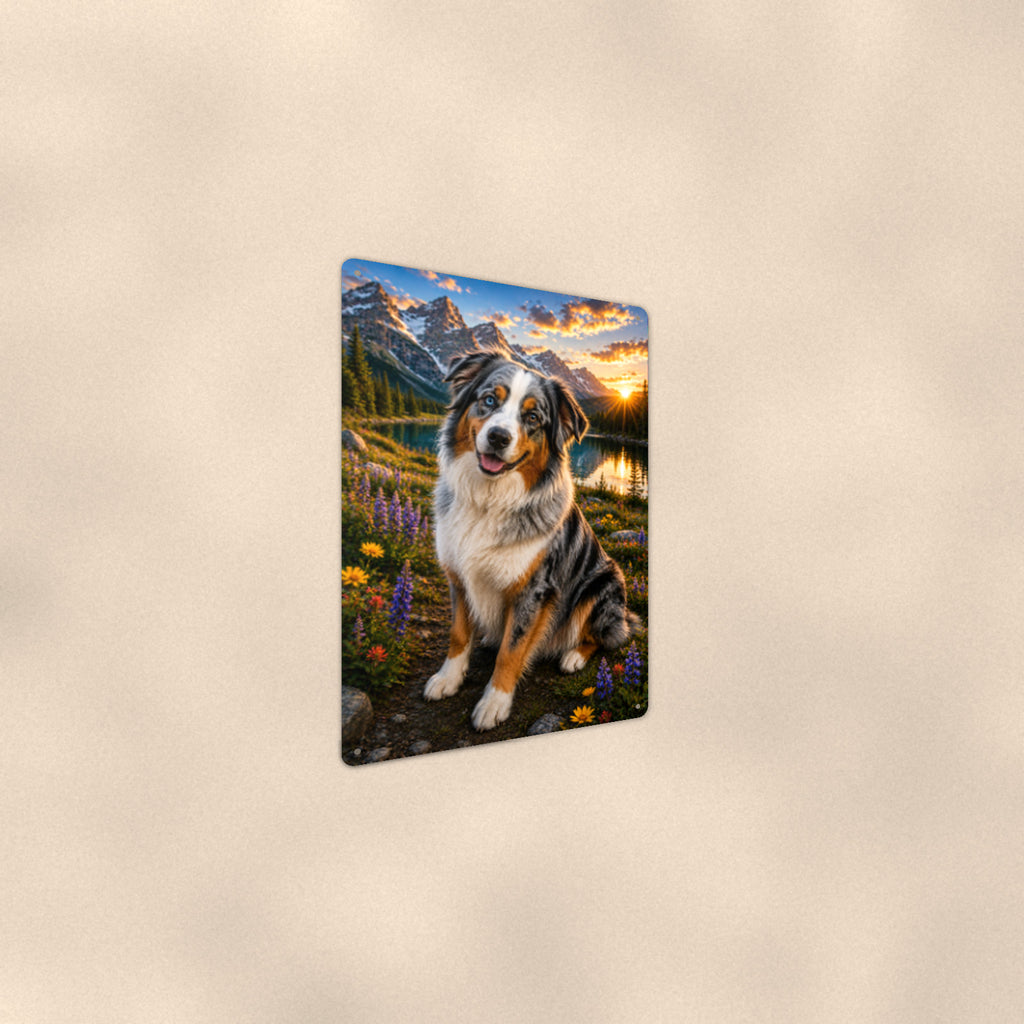 Australian Shepherd Mountain Lake aluminum metal sign 8" x 12" - angled wall view from a wider angle