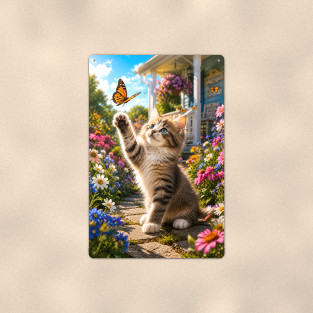 Kitten Chasing the Butterfly aluminum metal sign 8" x 12" - front view on warm wall