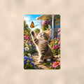 Kitten Chasing the Butterfly aluminum metal sign 8" x 12" - front view on warm wall