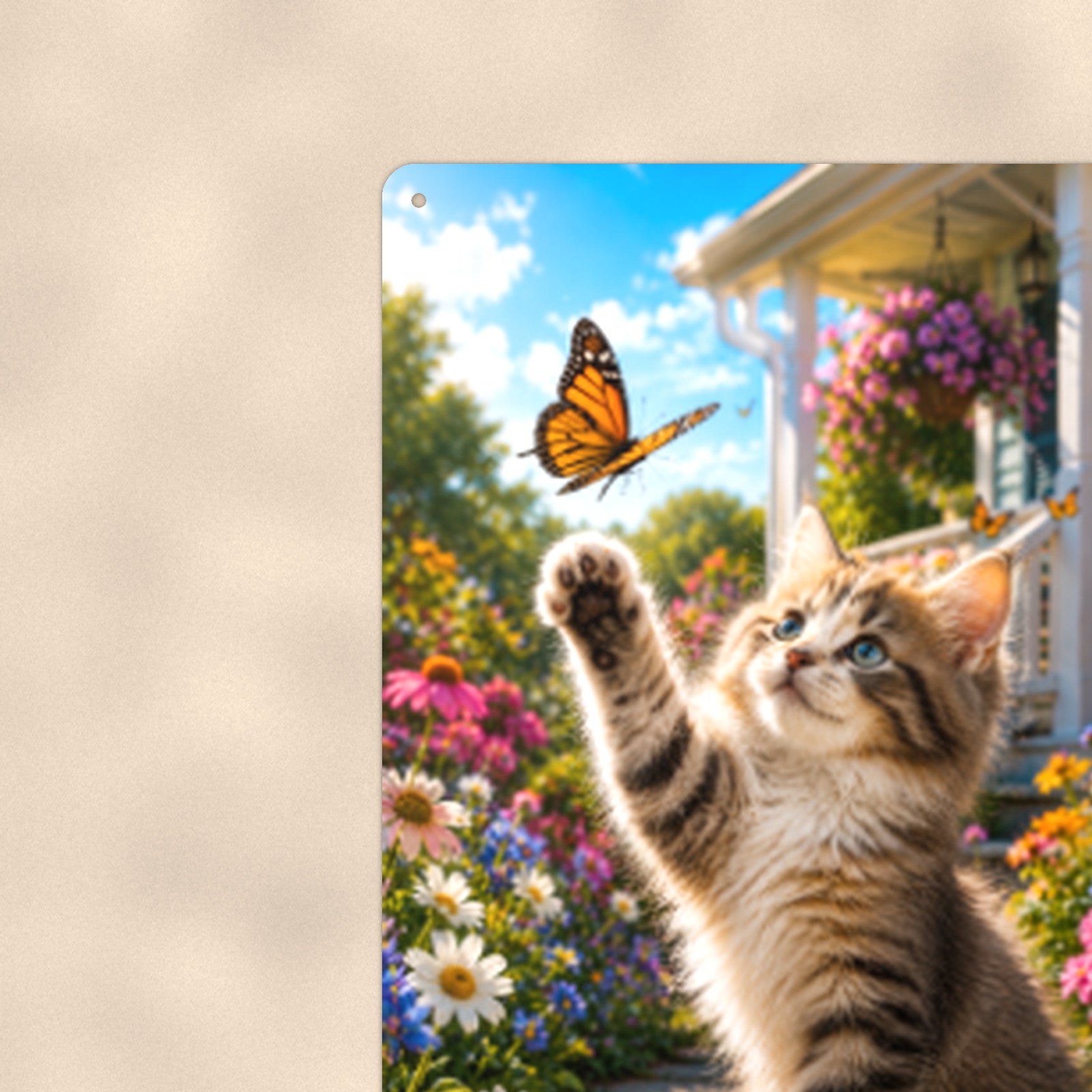 Kitten Chasing the Butterfly aluminum metal sign 8" x 12" - close-up view of the printed artwork