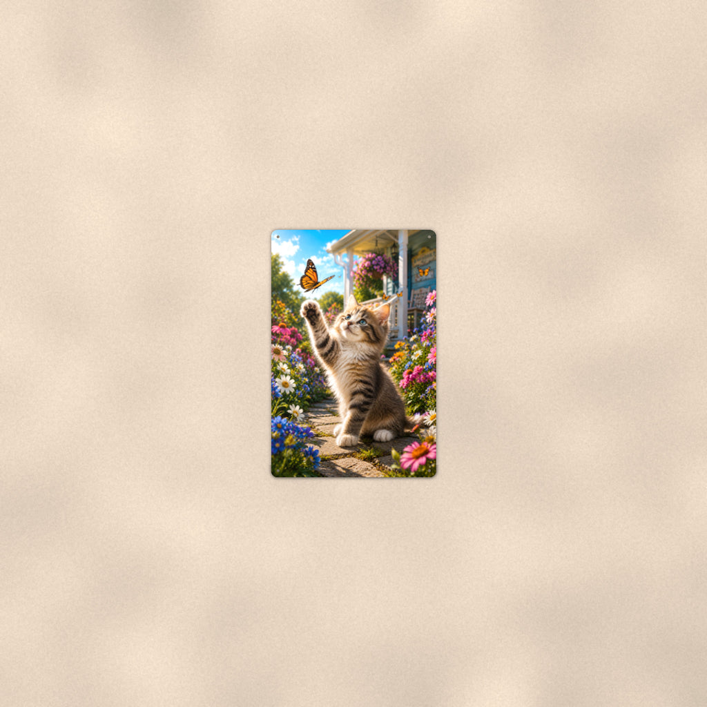 Kitten Chasing the Butterfly aluminum metal sign 8" x 12" - room view on warm wall