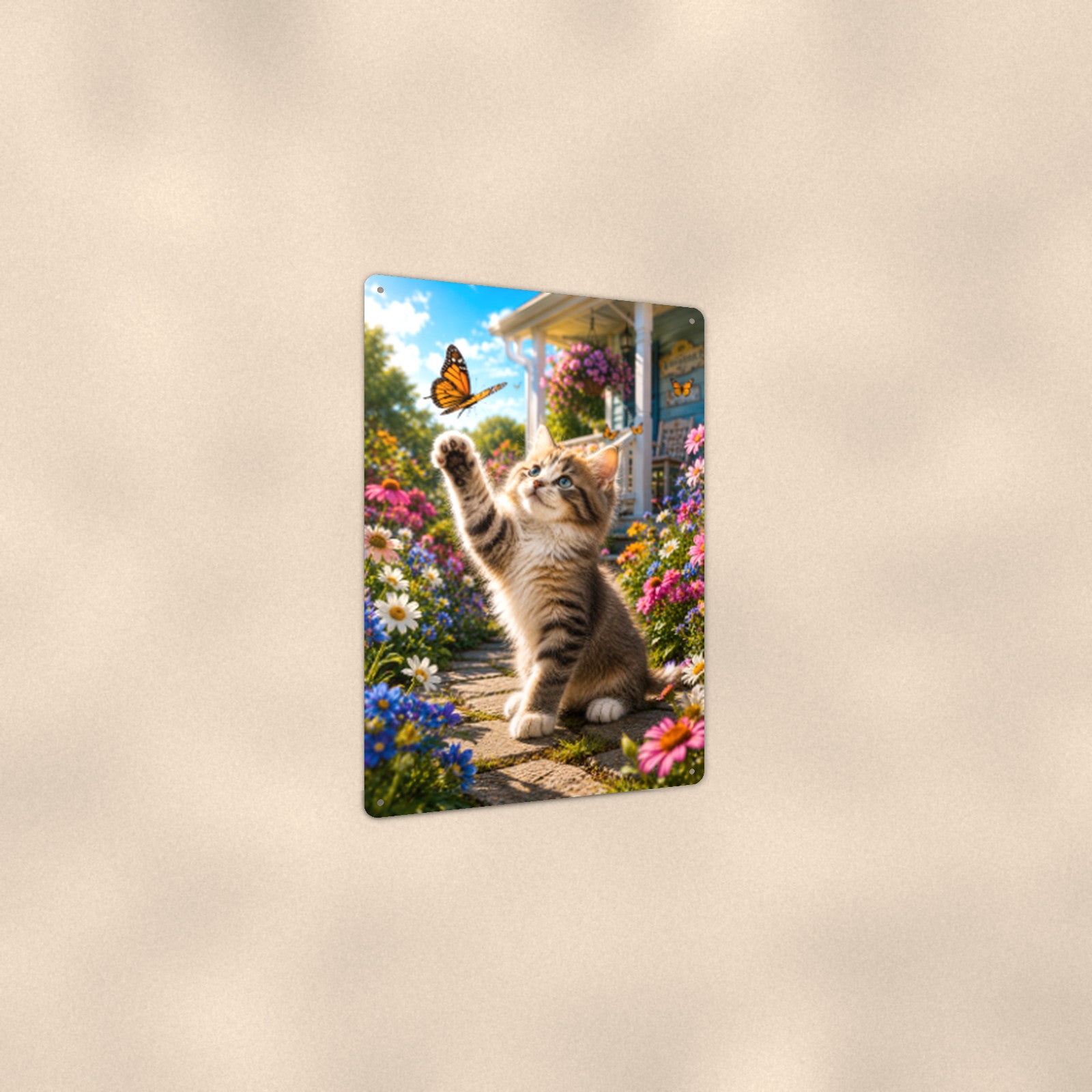 Kitten Chasing the Butterfly aluminum metal sign 8" x 12" - angled view showing glossy finish