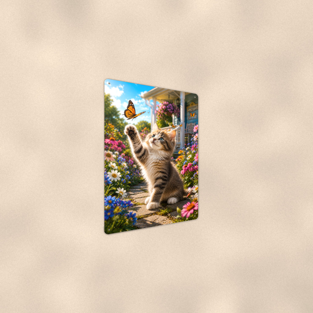 Kitten Chasing the Butterfly aluminum metal sign 8" x 12" - angled wall view from a wider angle