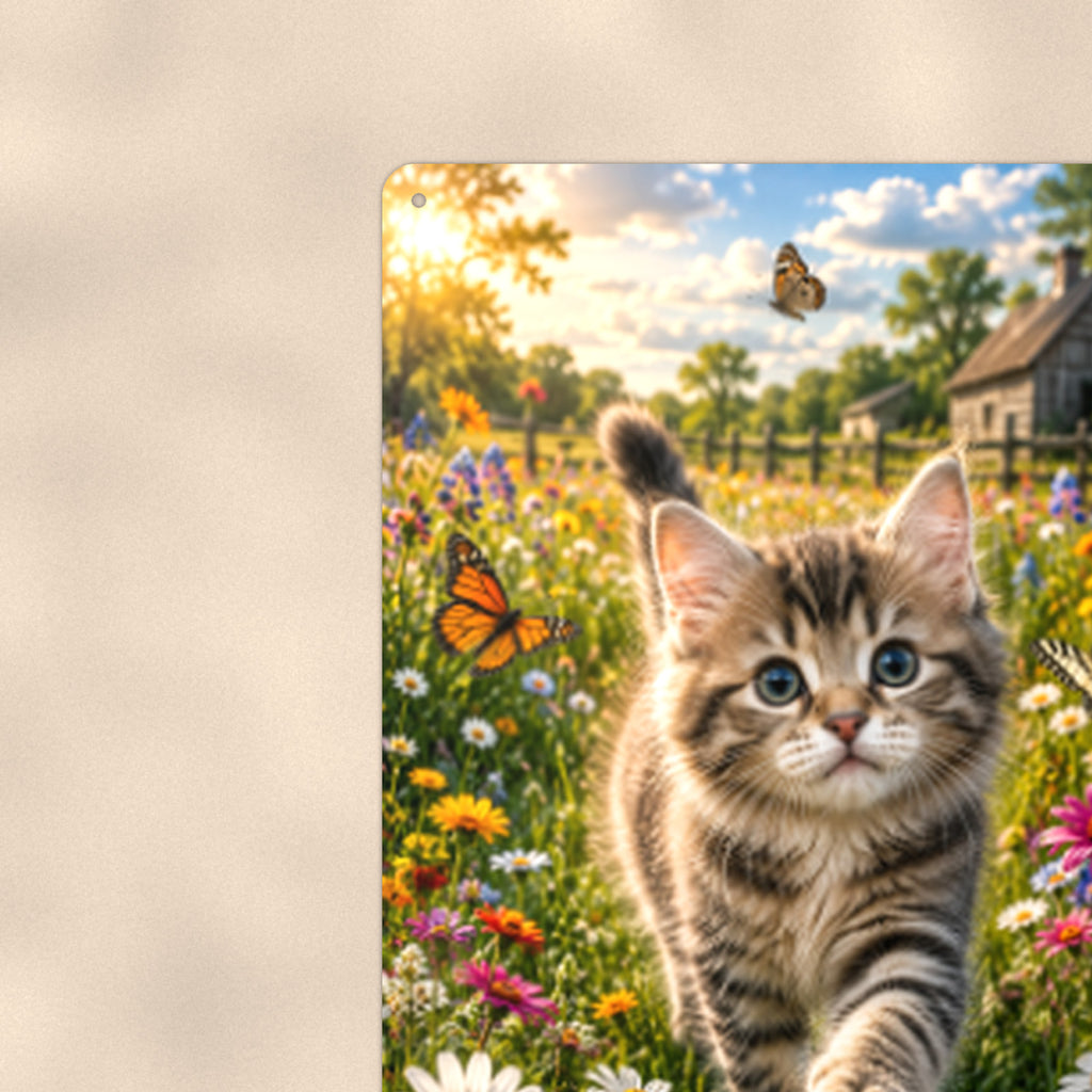 Tabby Kitten in the Wildflowers aluminum metal sign 8" x 12" - close-up view of the printed artwork