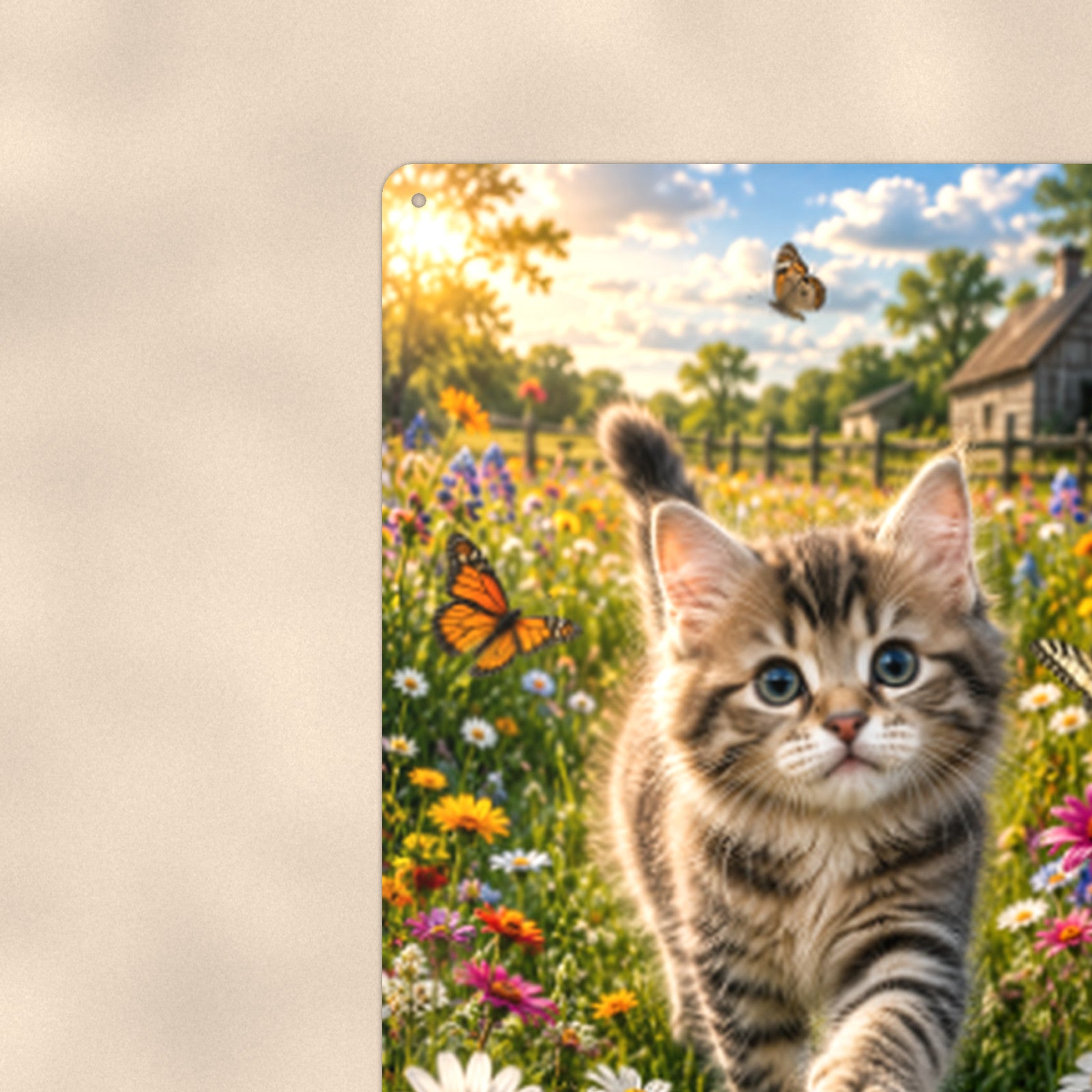 Tabby Kitten in the Wildflowers aluminum metal sign 8" x 12" - close-up view of the printed artwork