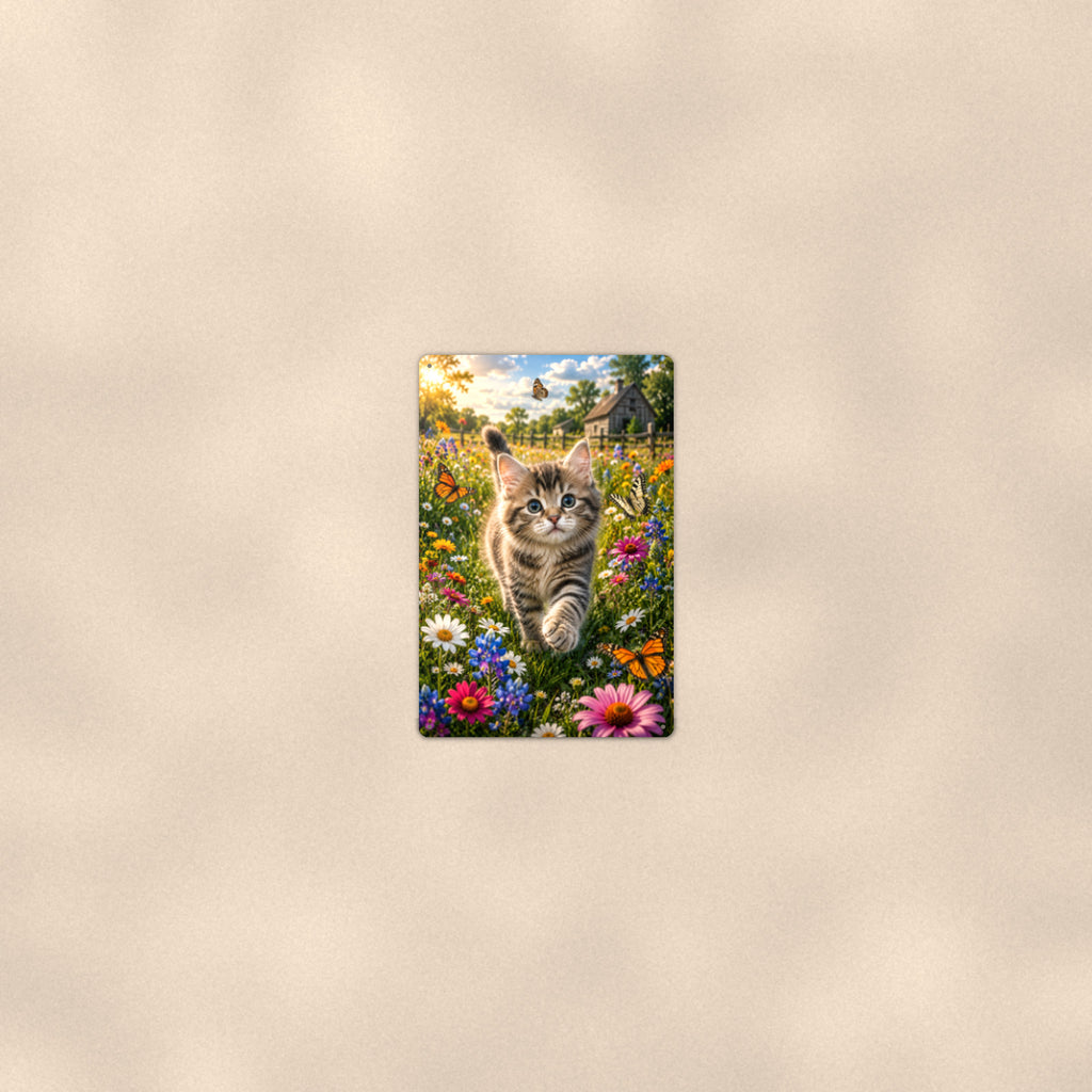 Tabby Kitten in the Wildflowers aluminum metal sign 8" x 12" - room view on warm wall