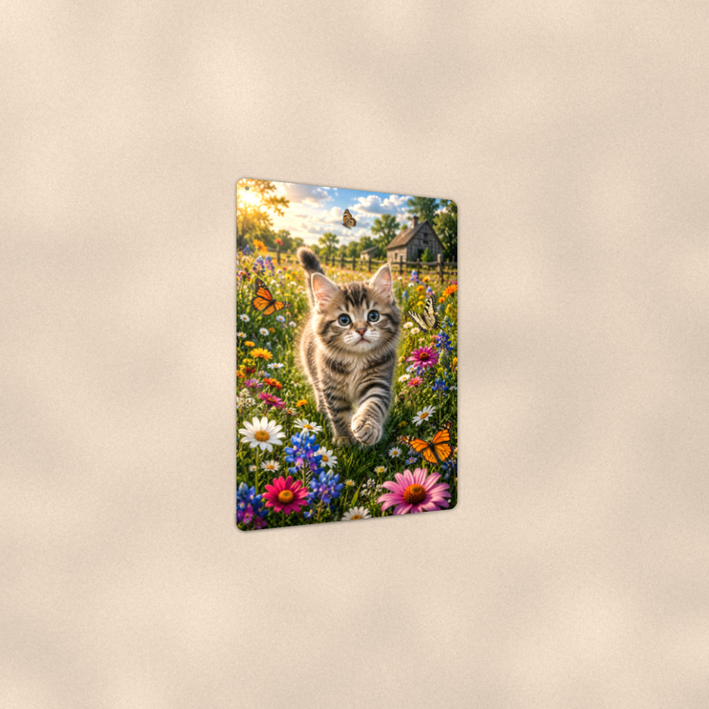 Tabby Kitten in the Wildflowers aluminum metal sign 8" x 12" - angled view showing glossy finish
