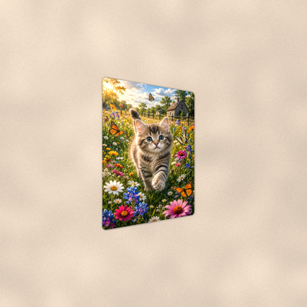 Tabby Kitten in the Wildflowers aluminum metal sign 8" x 12" - angled wall view from a wider angle