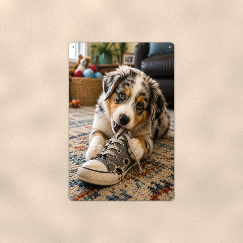 Aussie Puppy in the Sneaker aluminum metal sign 8" x 12" - front view on warm wall
