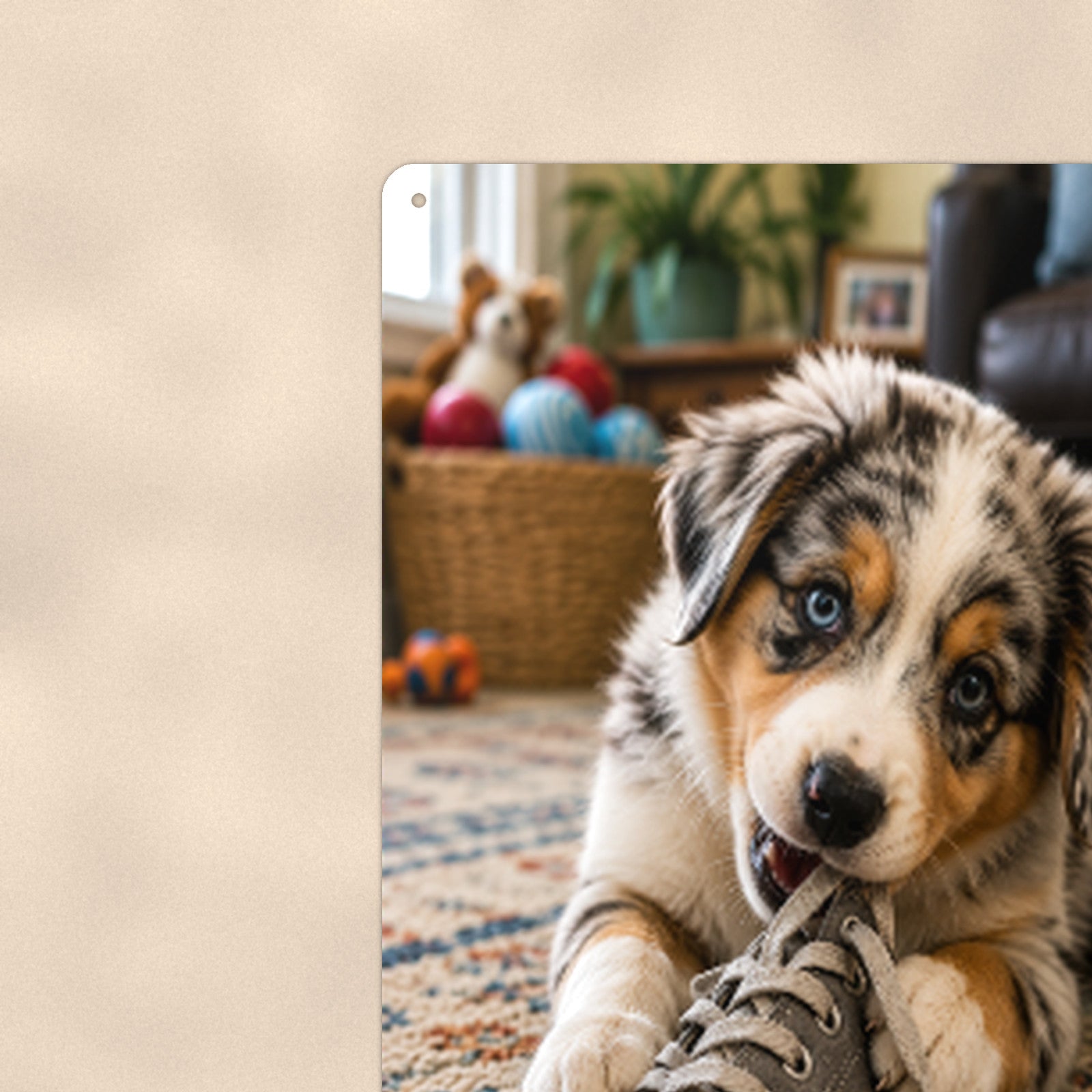 Aussie Puppy in the Sneaker aluminum metal sign 8" x 12" - close-up view of the printed artwork