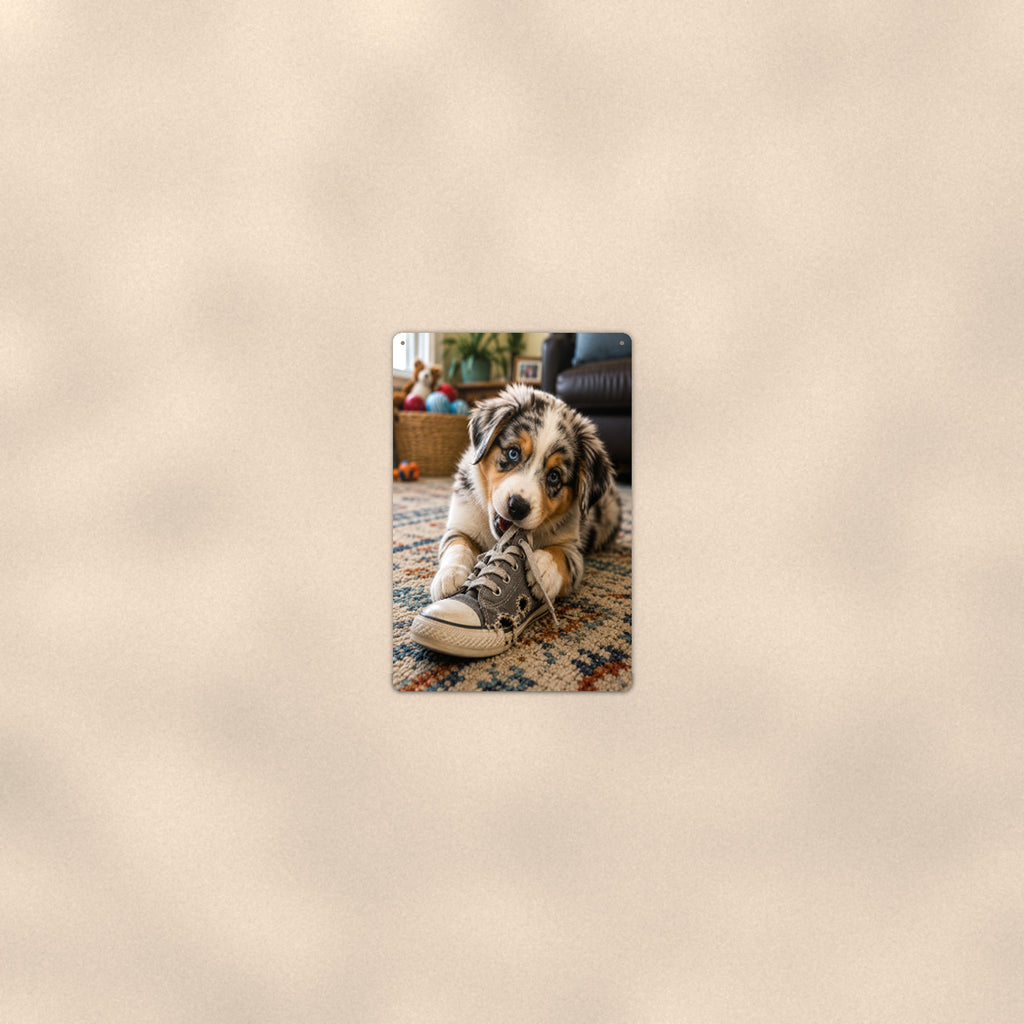 Aussie Puppy in the Sneaker aluminum metal sign 8" x 12" - room view on warm wall