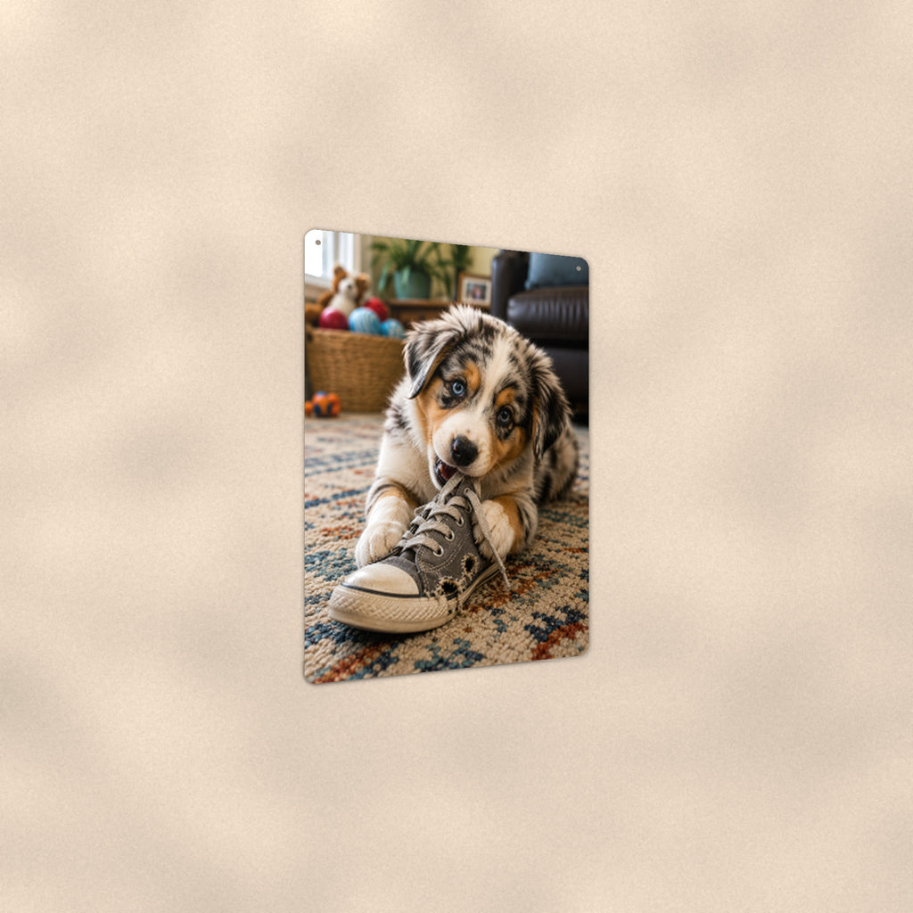 Aussie Puppy in the Sneaker aluminum metal sign 8" x 12" - angled view showing glossy finish