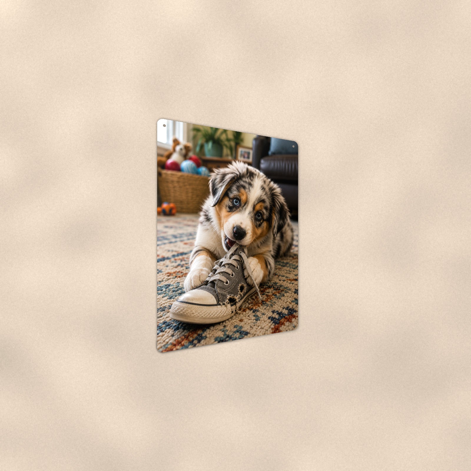 Aussie Puppy in the Sneaker aluminum metal sign 8" x 12" - angled wall view from a wider angle