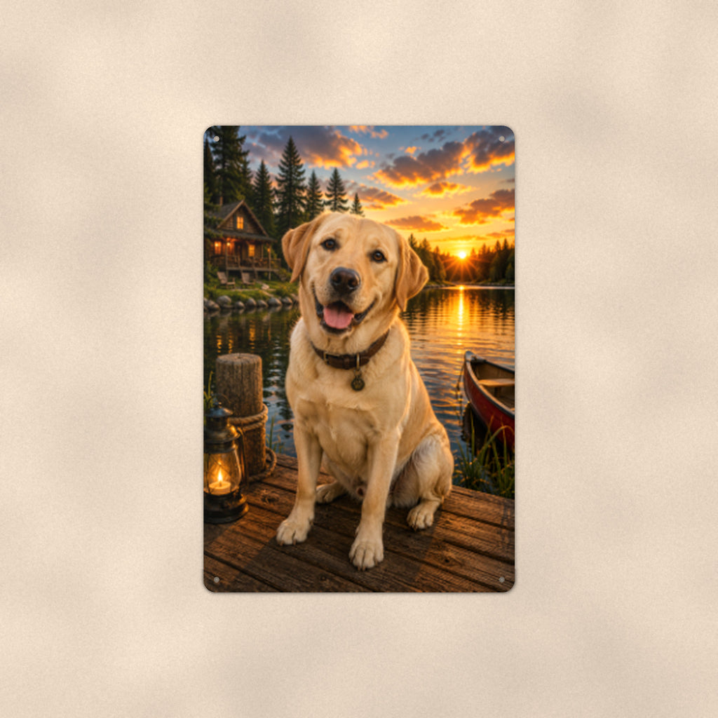 Yellow Lab on the Dock aluminum metal sign 8" x 12" - front view on warm wall