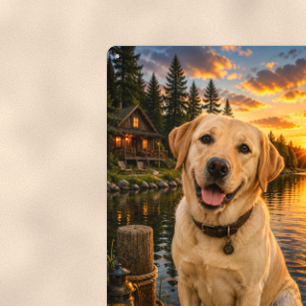 Yellow Lab on the Dock aluminum metal sign 8" x 12" - close-up view of the printed artwork