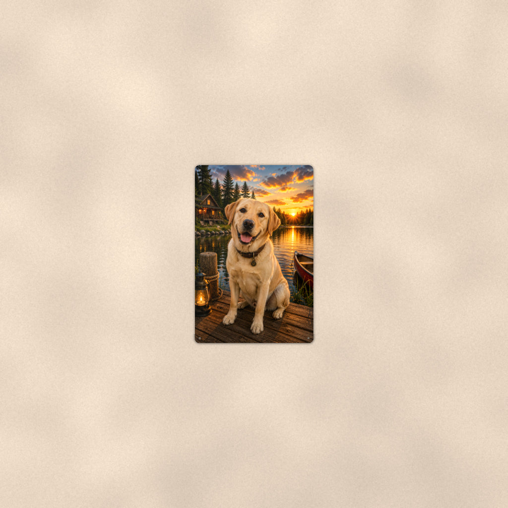 Yellow Lab on the Dock aluminum metal sign 8" x 12" - room view on warm wall