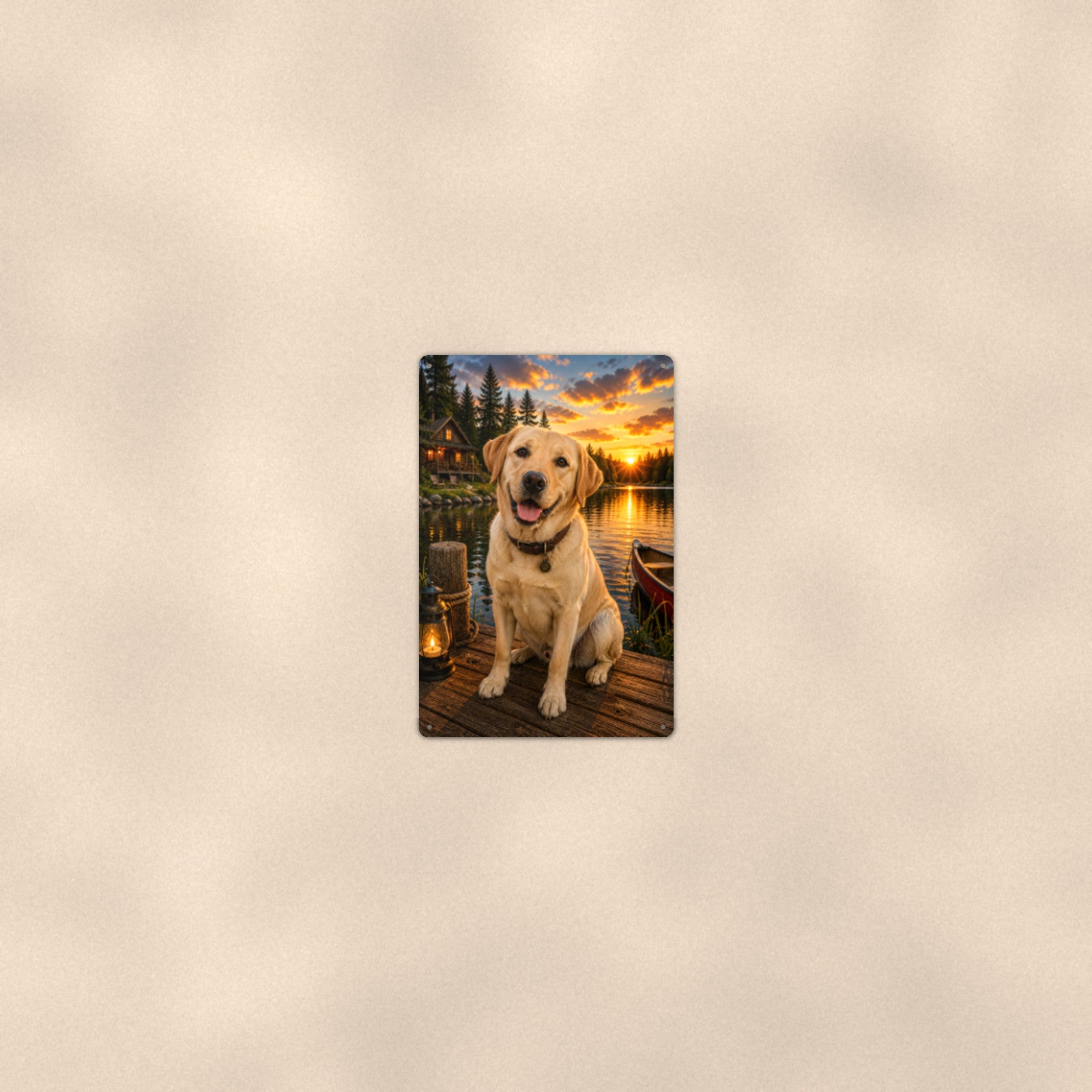 Yellow Lab on the Dock aluminum metal sign 8" x 12" - room view on warm wall