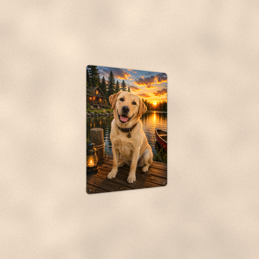 Yellow Lab on the Dock aluminum metal sign 8" x 12" - angled view showing glossy finish