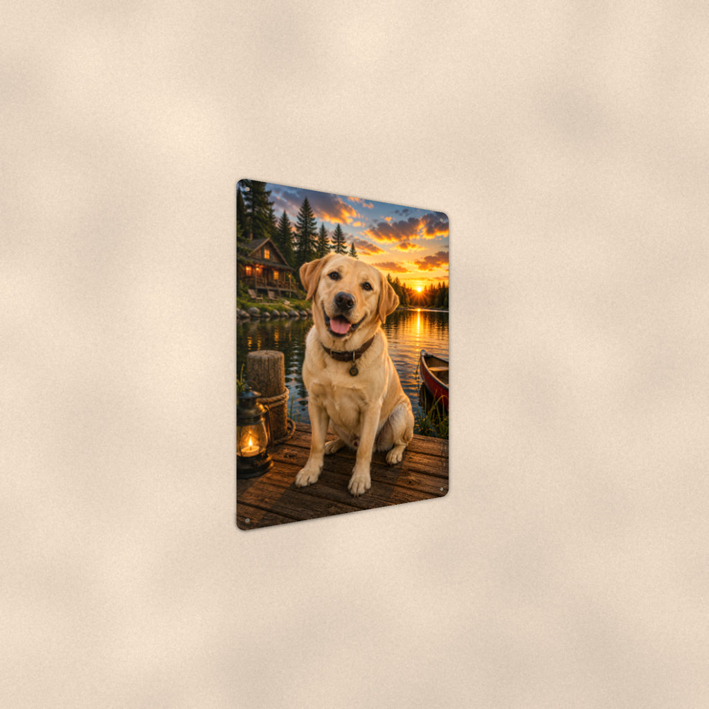 Yellow Lab on the Dock aluminum metal sign 8" x 12" - angled wall view from a wider angle