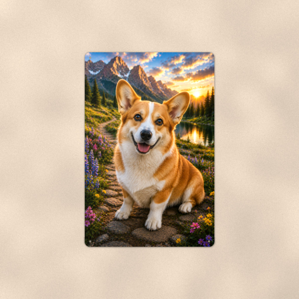 Corgi in the Mountain Meadow aluminum metal sign 8" x 12" - front view on warm wall