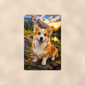 Corgi in the Mountain Meadow aluminum metal sign 8" x 12" - front view on warm wall