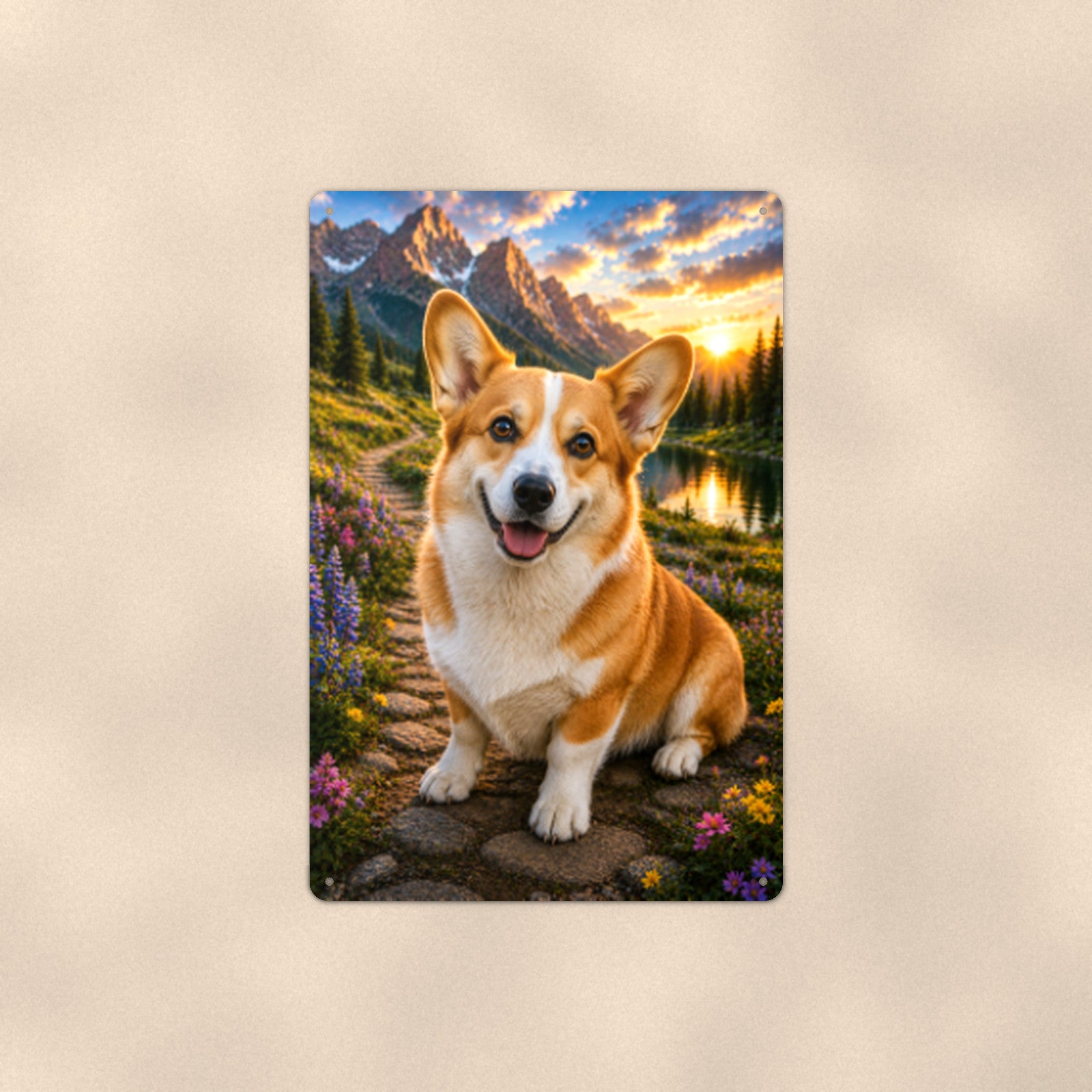 Corgi in the Mountain Meadow aluminum metal sign 8" x 12" - front view on warm wall