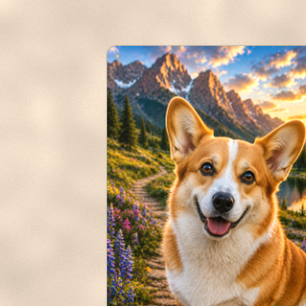 Corgi in the Mountain Meadow aluminum metal sign 8" x 12" - close-up view of the printed artwork