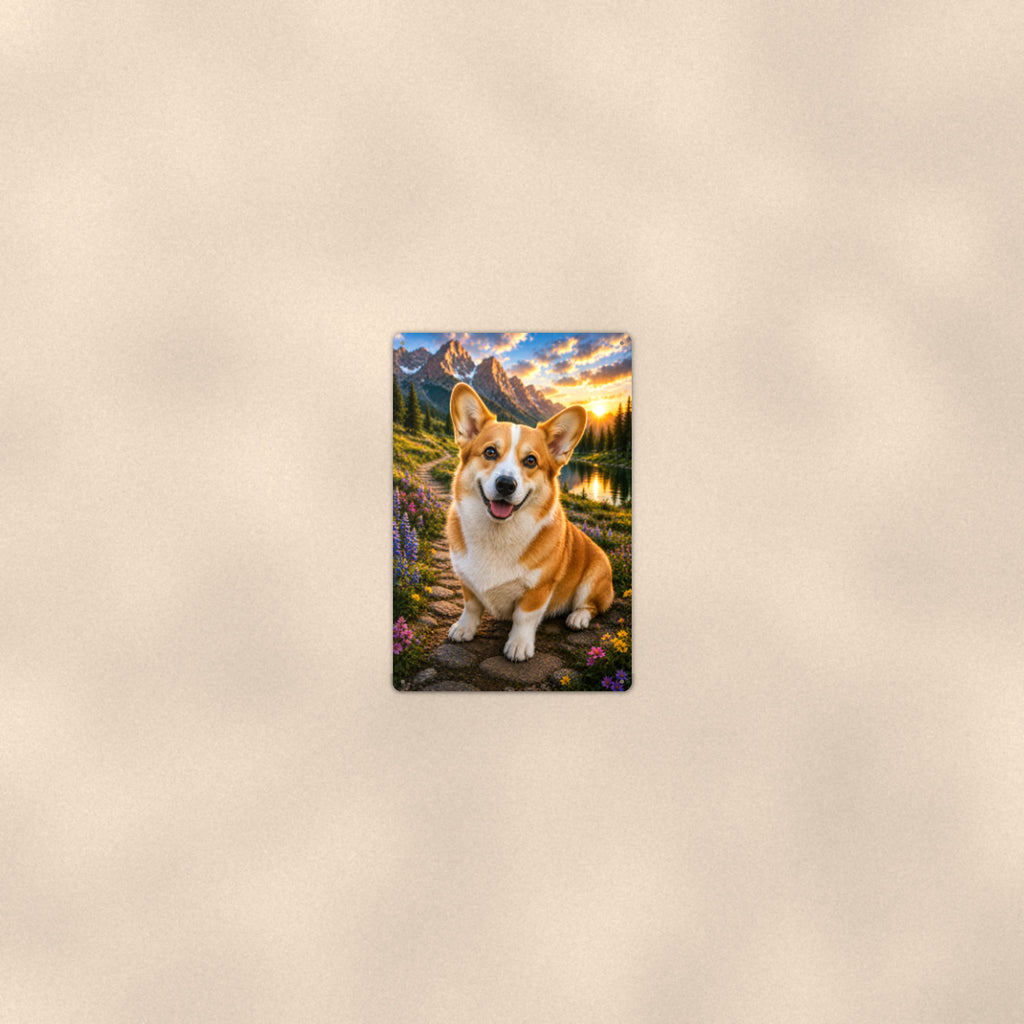Corgi in the Mountain Meadow aluminum metal sign 8" x 12" - room view on warm wall