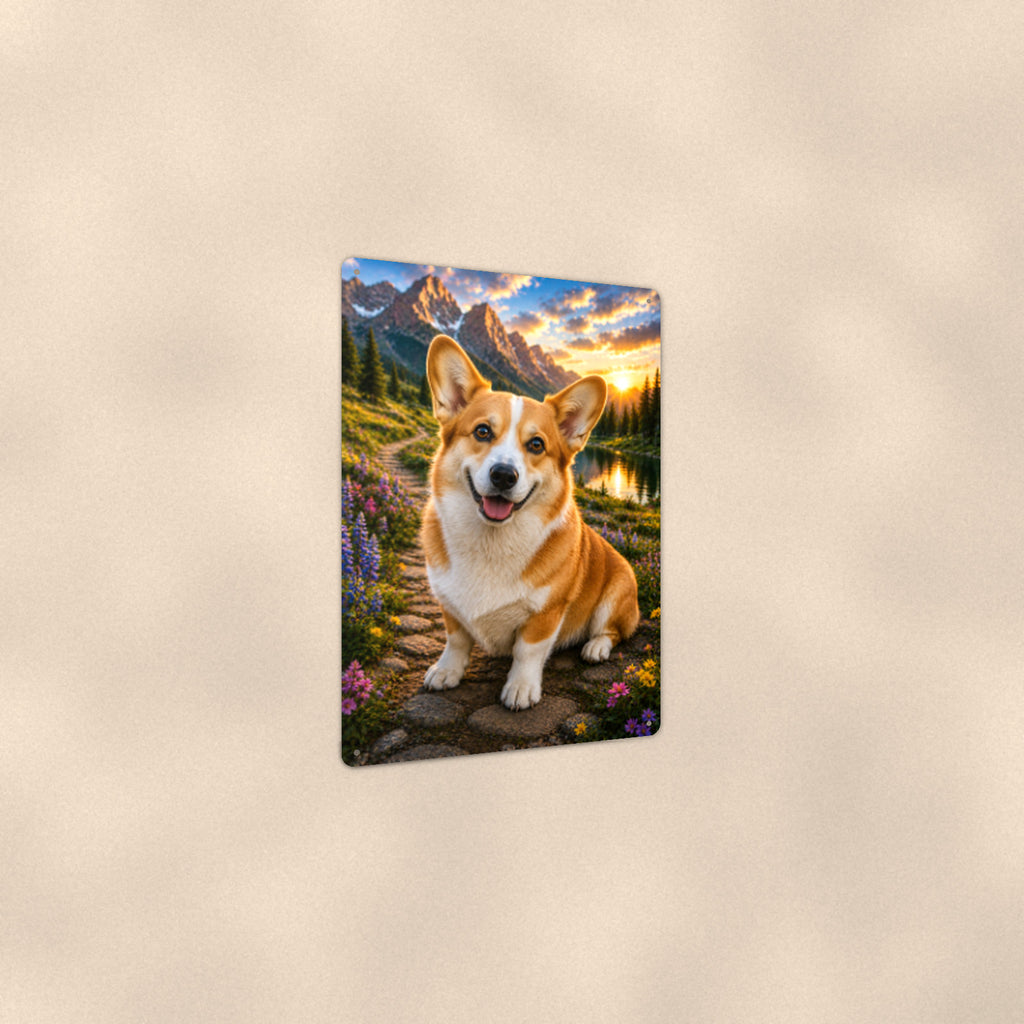 Corgi in the Mountain Meadow aluminum metal sign 8" x 12" - angled view showing glossy finish