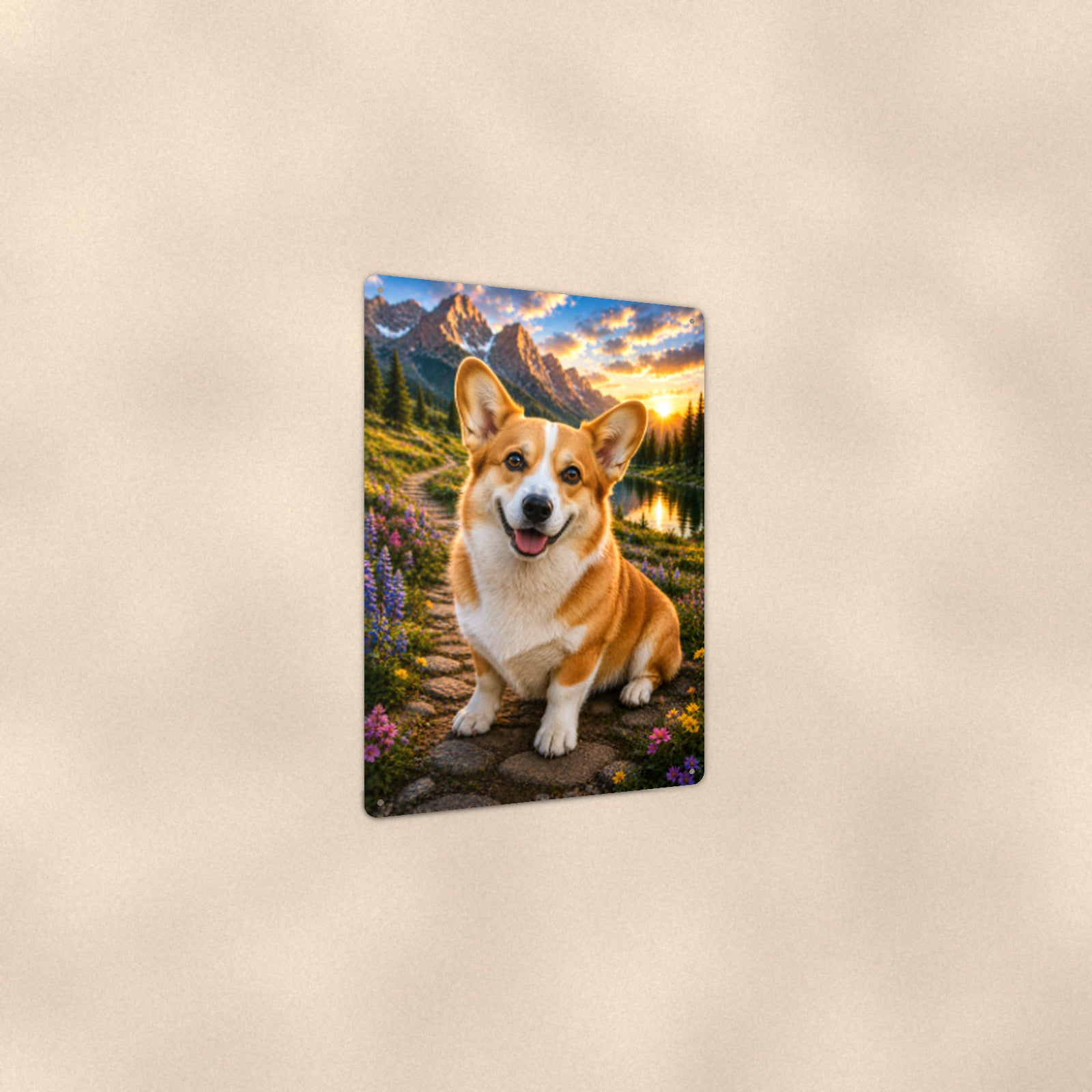 Corgi in the Mountain Meadow aluminum metal sign 8" x 12" - angled view showing glossy finish