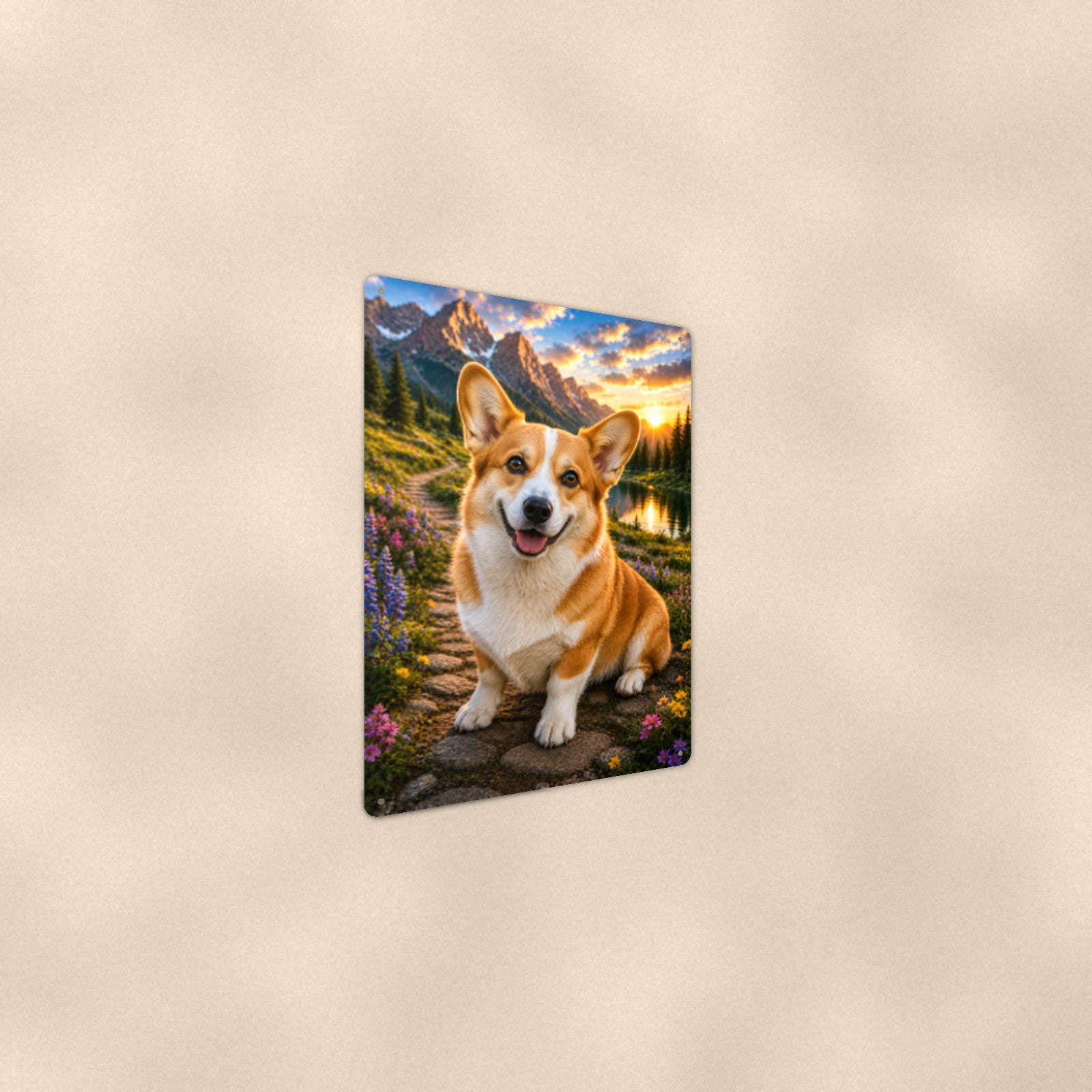 Corgi in the Mountain Meadow aluminum metal sign 8" x 12" - angled wall view from a wider angle
