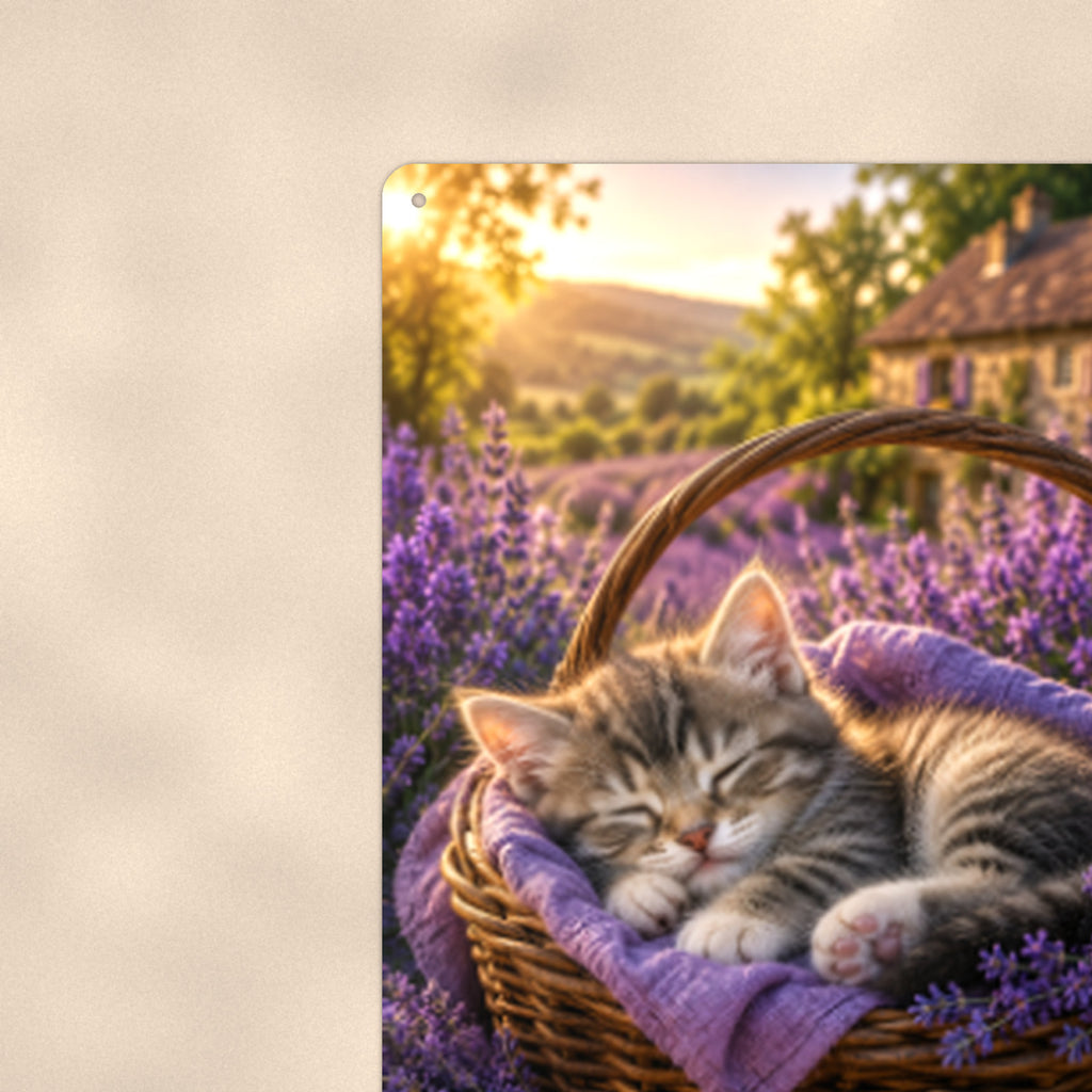 Lavender Dreams Kitten aluminum metal sign 8" x 12" - close-up view of the printed artwork
