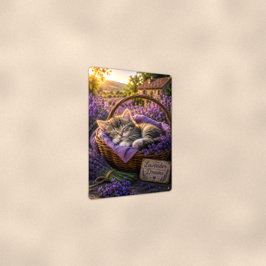 Lavender Dreams Kitten aluminum metal sign 8" x 12" - angled view showing glossy finish
