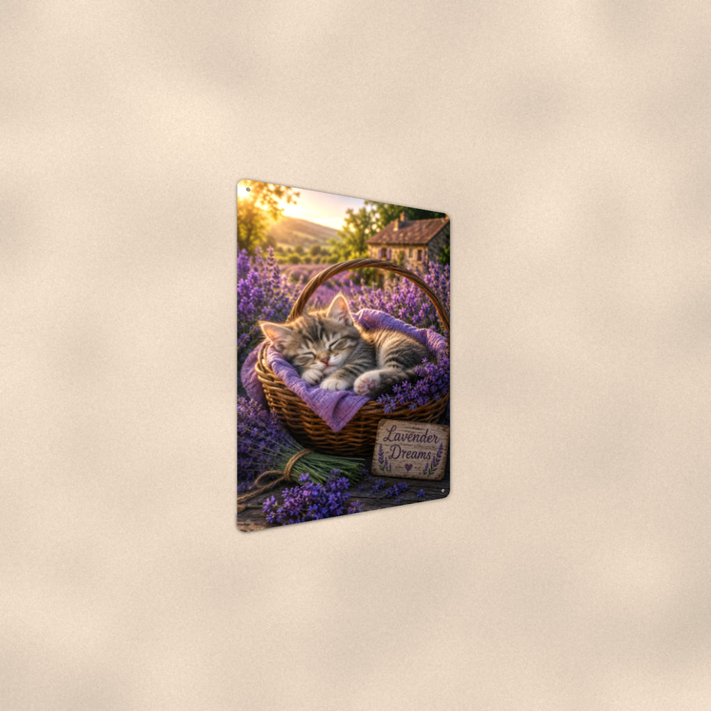 Lavender Dreams Kitten aluminum metal sign 8" x 12" - angled wall view from a wider angle