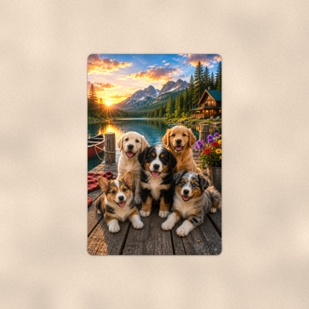 Puppy Pals at the Lake aluminum metal sign 8" x 12" - front view on warm wall