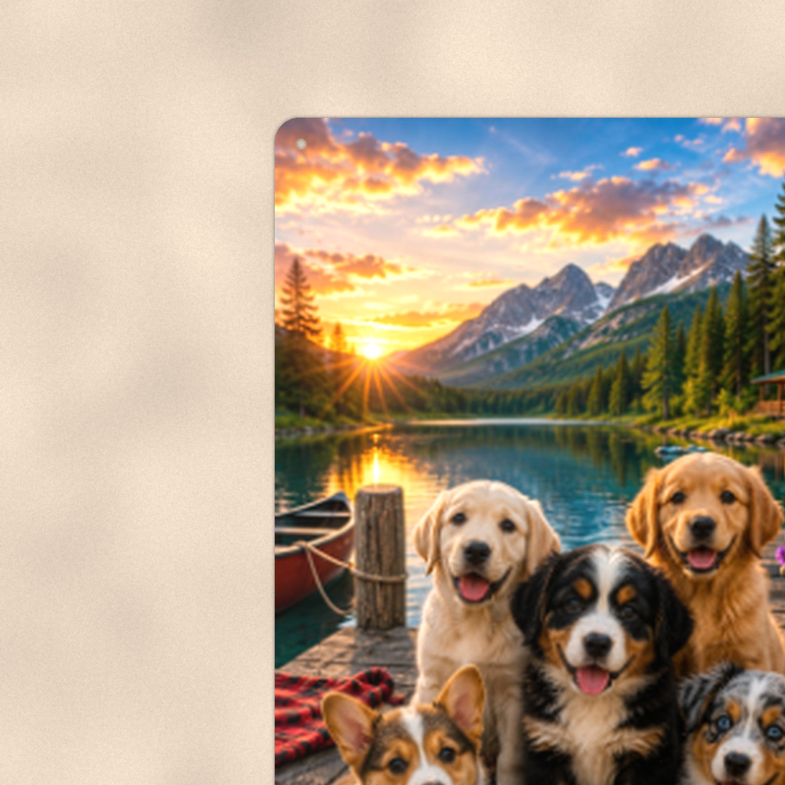 Puppy Pals at the Lake aluminum metal sign 8" x 12" - close-up view of the printed artwork