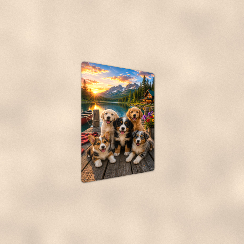 Puppy Pals at the Lake aluminum metal sign 8" x 12" - angled wall view from a wider angle