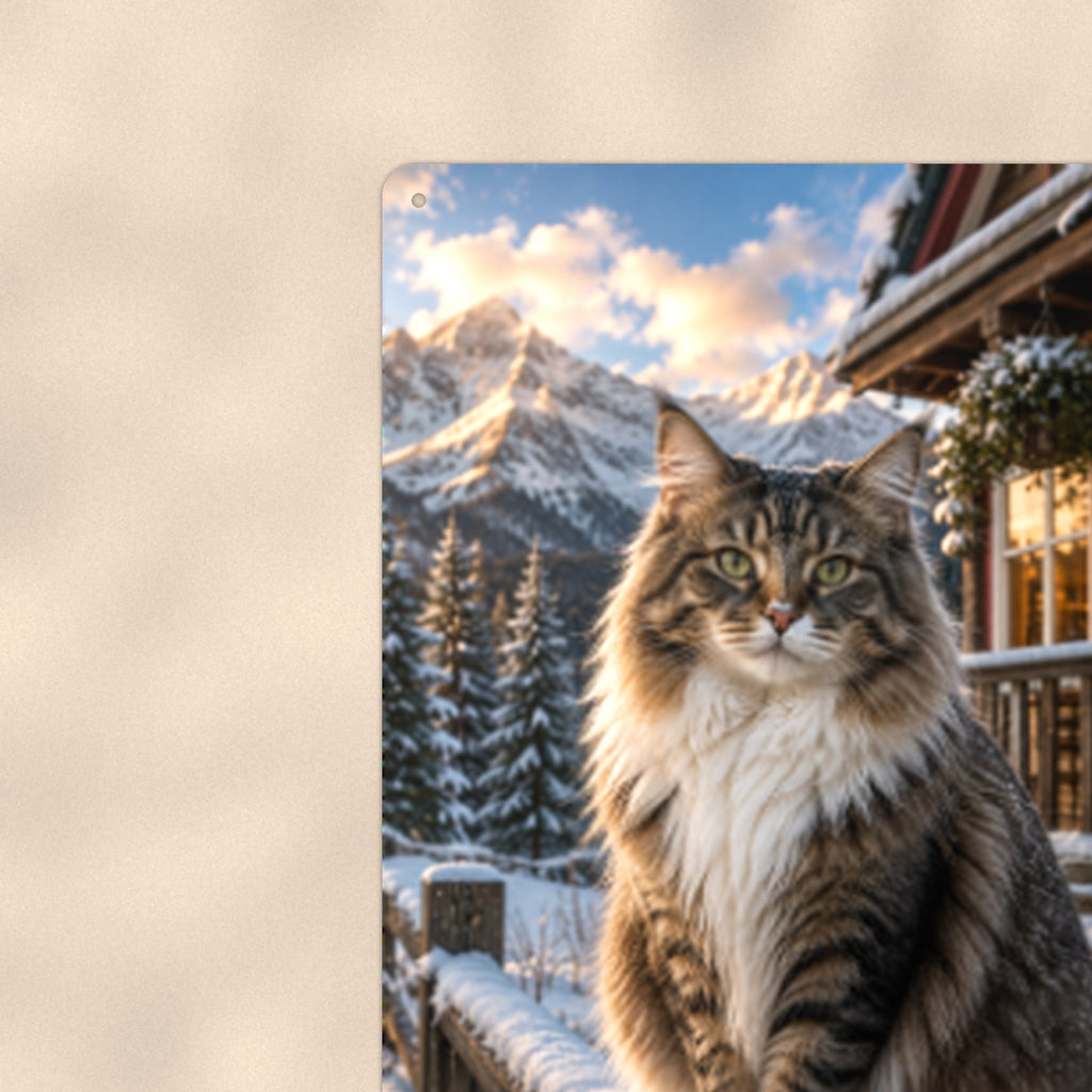 Winter Cabin Cat aluminum metal sign 8" x 12" - close-up view of the printed artwork
