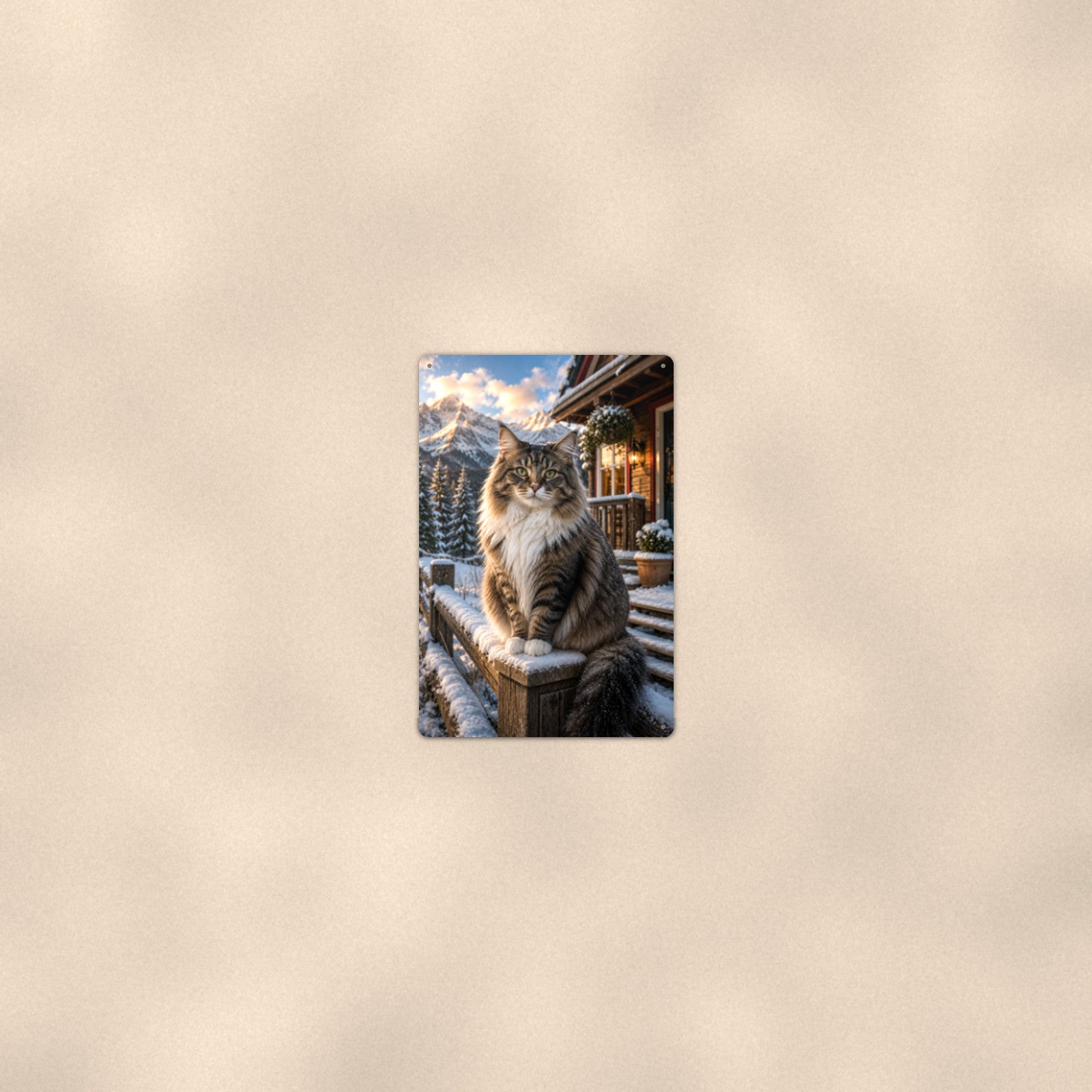 Winter Cabin Cat aluminum metal sign 8" x 12" - room view on warm wall