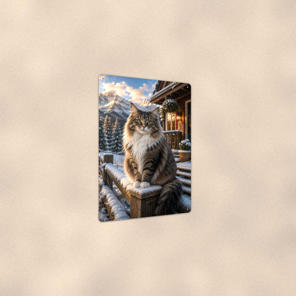 Winter Cabin Cat aluminum metal sign 8" x 12" - angled view showing glossy finish