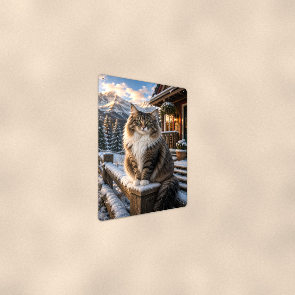 Winter Cabin Cat aluminum metal sign 8" x 12" - angled wall view from a wider angle