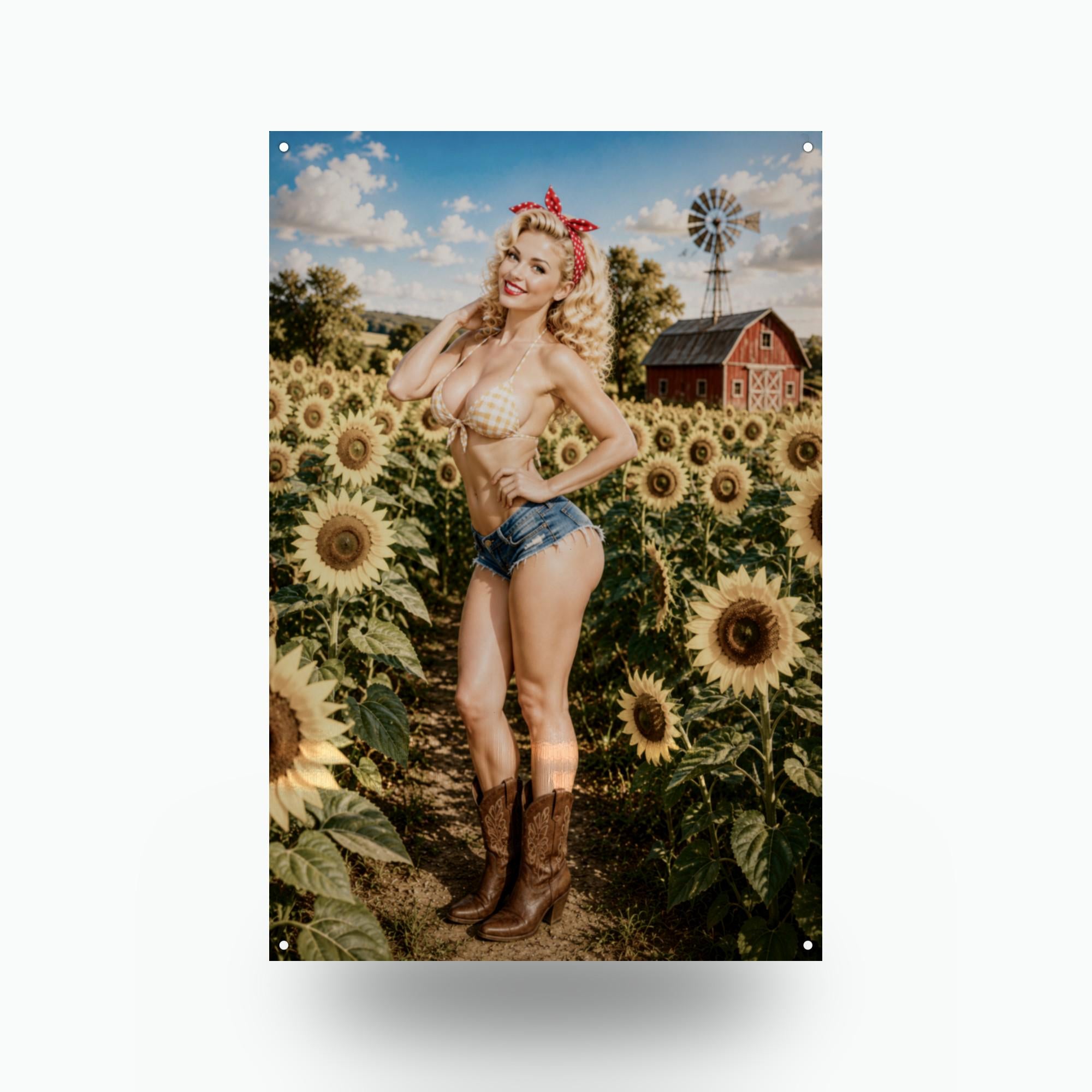 Sunflower Farm Girl Aluminum Sign — front view on white background
